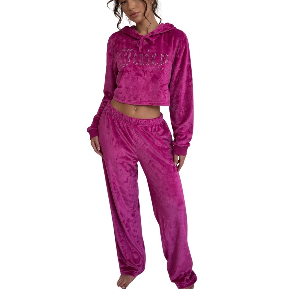 Juicy Couture‎ Hot Pink Cozy Plush Fleece Monogram Hoodie & Pajama Set Large NEW